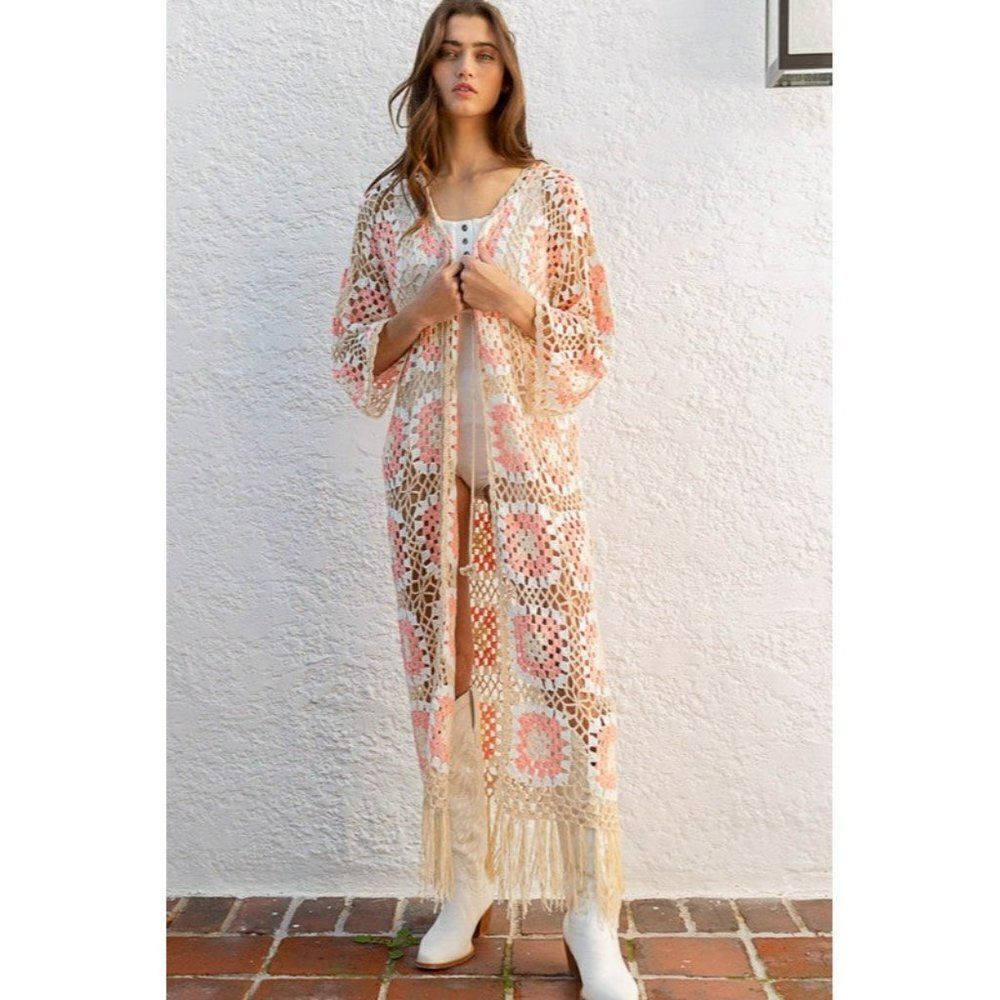 POL Kauai Crochet Long Tie Cardigan in Blush Beige FST317A - Picture 4 of 8